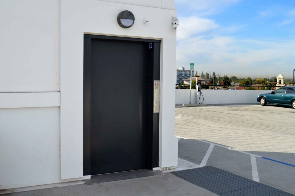 Bellflower parking garage is the perfect example of a commercial quality elevator produced at MEM.  