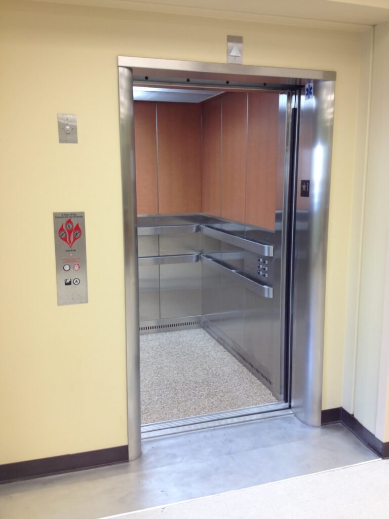 Modular elevators inside a medical facility. 